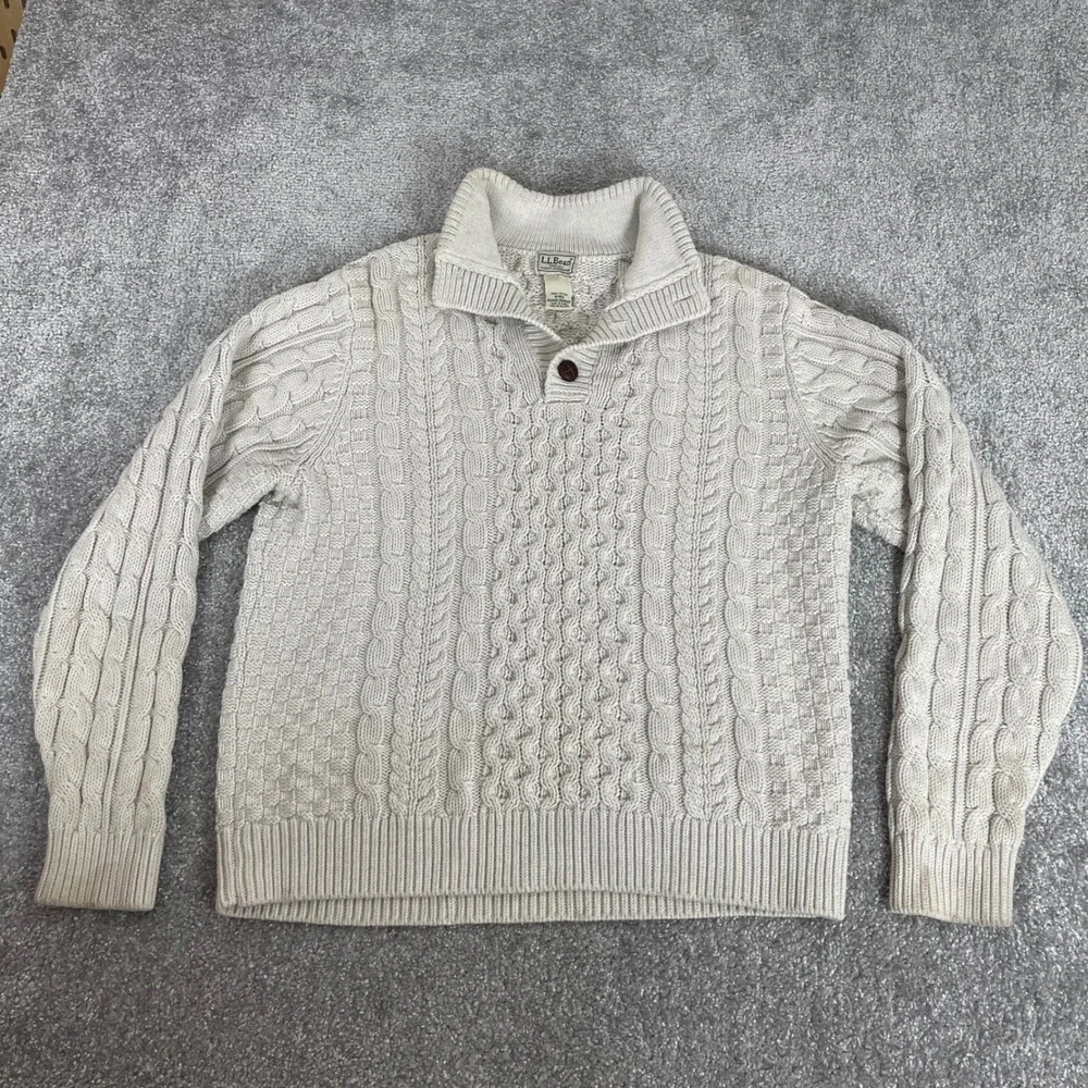 LL Bean Sweater Mens Medium Fisherman Cable Knit Cream Knot Button Mock Neck